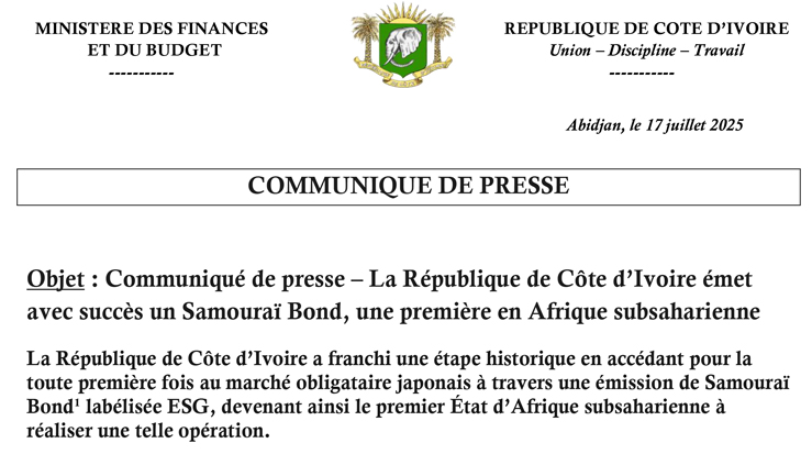 La République de Côte d’Ivoire émet avec succès un Samouraï Bond, une première en Afrique subsaharienne