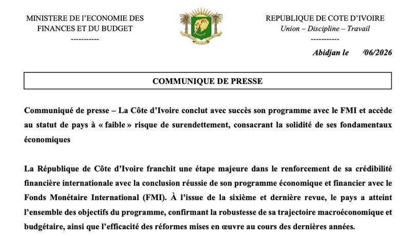 La Côte d’Ivoire conclut avec succès son programme avec le FMI et accède au statut de pays à « faible » risque de surendettement, consacrant la solidité de ses fondamentaux économiques