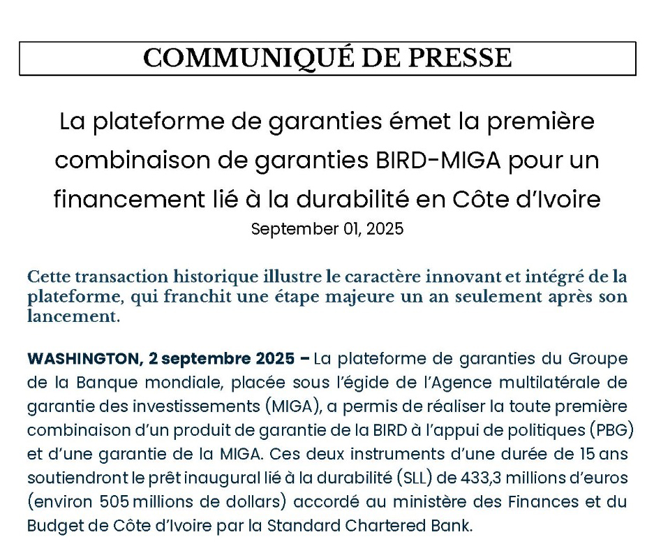 Communiqué de Presse : La plateforme de garanties émet la première combinaison de garanties BIRD-MIGA pour un financement lié à la durabilité en Côte d'Ivoire